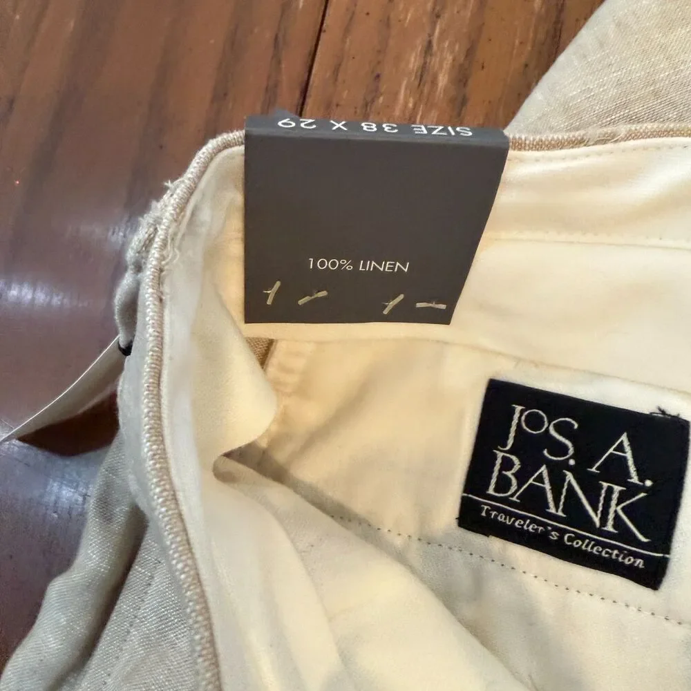 Jos A Bank Traveler Linen Dress Pants 38x29 Stone Pleated Classic Fit NWT